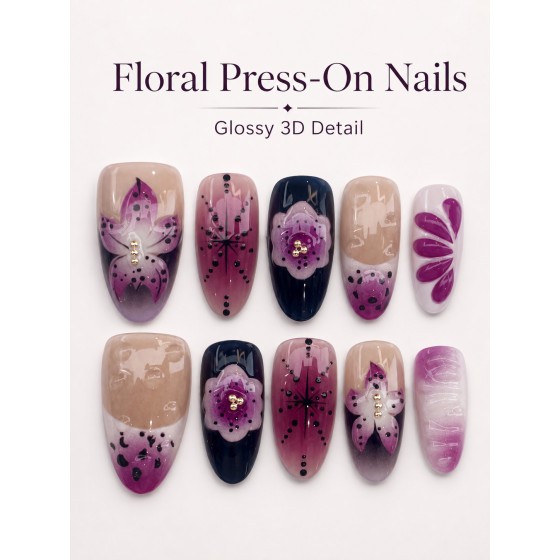3D Purple Carved Floral Press‑On Nails, Medium Almond Black‑Purple Gradient Rhinestone False Nails